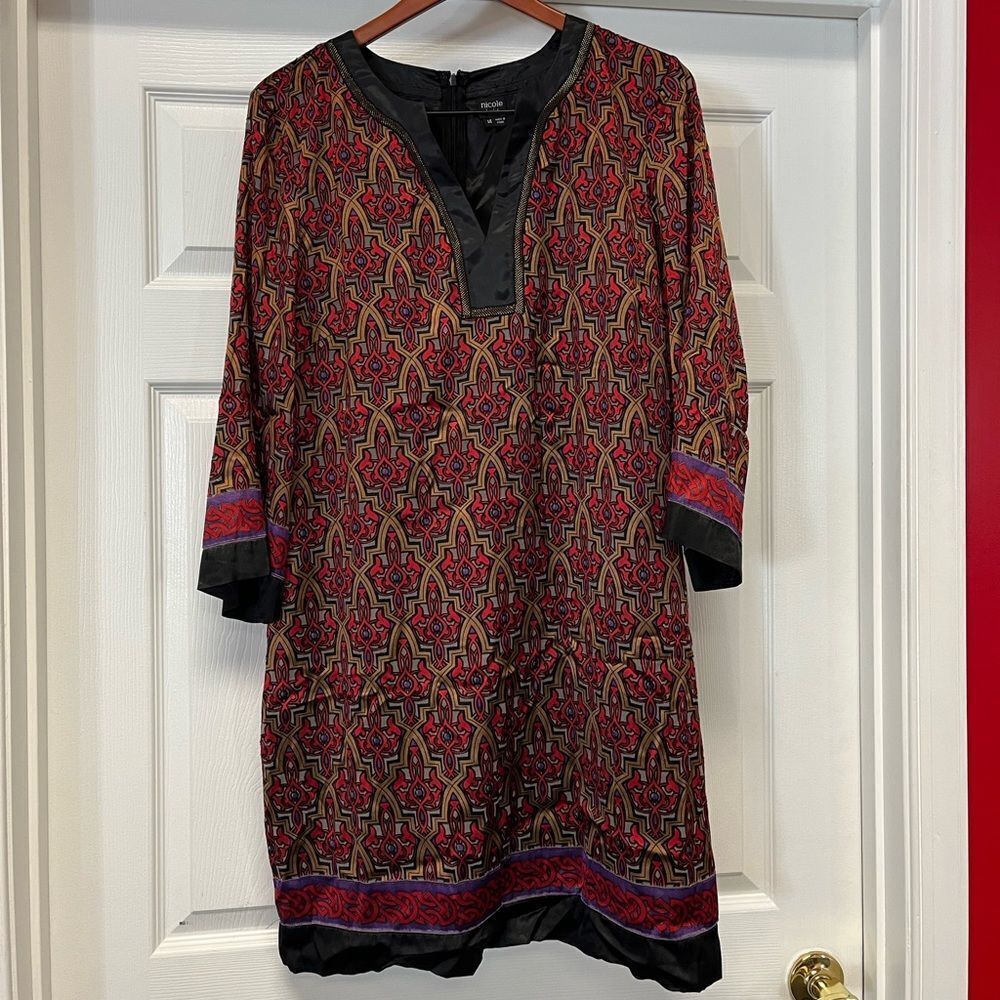 Nicole by Nicole Miller Black & Gold Print Rayon Sheath Dress sz 14 NWT